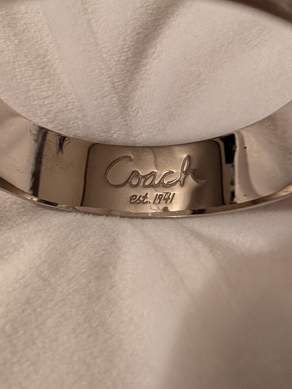 Coach Pink Script Perfume Bottle Enamel Bangle Bracelet Pink Silver Like New - Picture 10 of 13